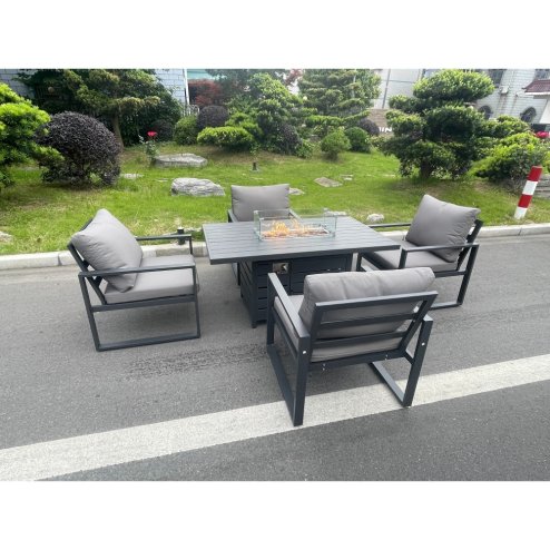 Fimous Aluminum Top 4 Seat Garden Furniture Dining Set Gas Fire Pit Table And Chairs Burner Heater Patio Outdoor Dark Grey