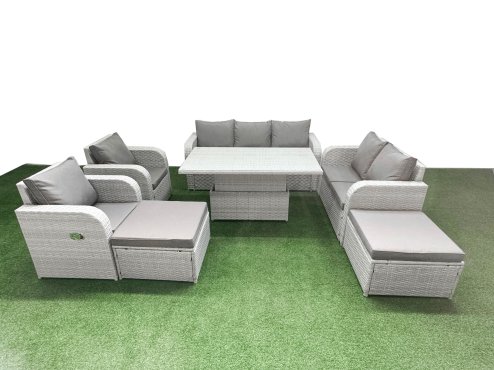 Fimous PE Rattan Garden Furniture Set Reclining Chair Sofa Double Love Seat 2 Seater Sofa Lounge Set Adjustable Lifting Dining or Coffee Table 2 Big Footstool Light Grey