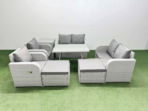 Fimous 8 Seater Rattan Garden Furniture Set Outdoor Love Sofa Set with Rectangular Dining Table Side Table 2 Big Footstools Light Grey