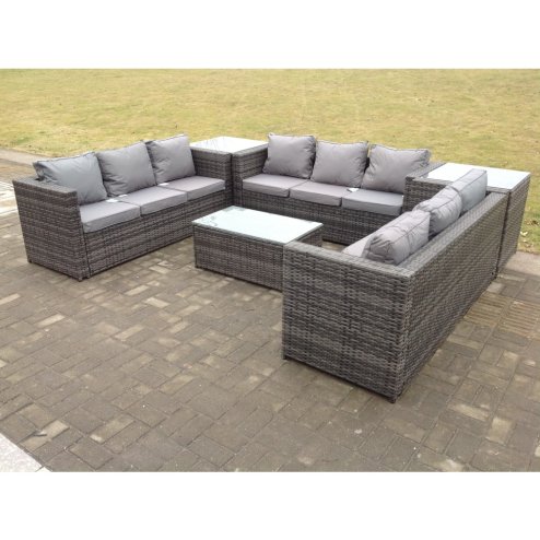 Fimous Outdoor Rattan Garden Furniture Lounge Sofa Set With Oblong Coffee Table And 2 Side Tall Table