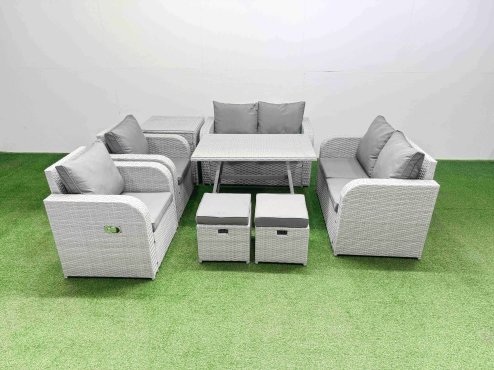 Fimous 8 Seater Rattan Garden Furniture Set Outdoor Love Sofa Set with Rectangular Dining Table Side Table 2 Small Footstools Light Grey