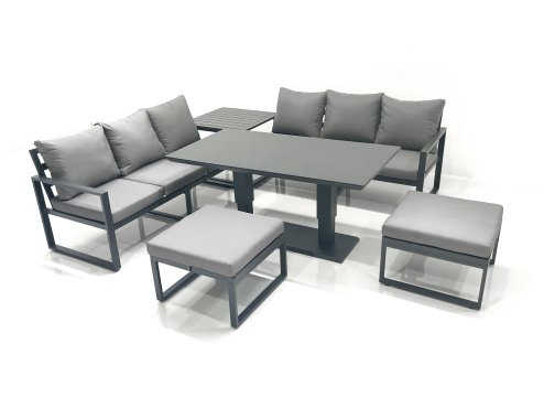 Fimous 8 Seater Aluminium Outdoor Garden Furniture Set with Adjustable Rising Lifting Dining Table 3 Seater Sofa 2 Big Footstool Side Table Dark Grey