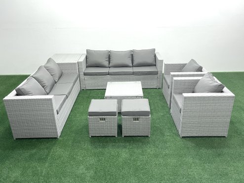 Fimous Outdoor Rattan Sofa Garden Furniture Set with 2 Armchairs Square Coffee Table 2 Small Footstools Side Table Light Grey Mixed