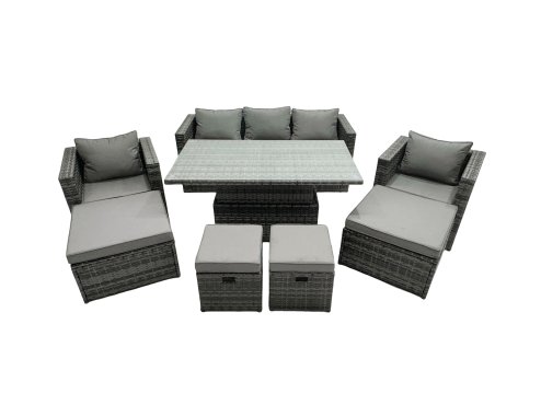 Fimous PE Rattan Garden Furniture Set Lounge Sofa Rising Dining Table Set with 4 Footstool Dark Grey Mixed
