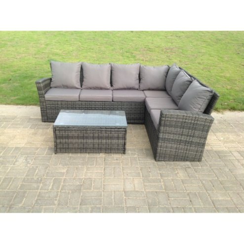 Fimous High Back Rattan Corner Sofa Set Oblong Coffee Table Outdoor Furniture dark Grey Right Option