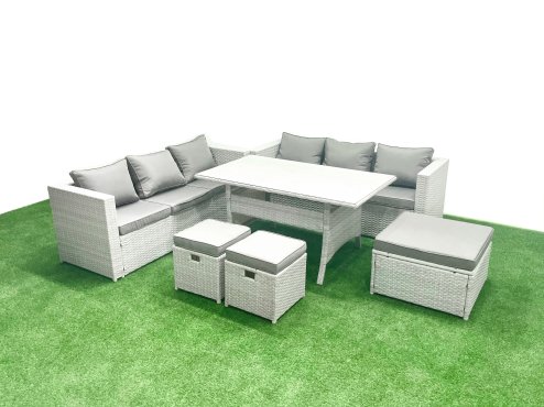 Fimous Rattan Garden Furniture Set 9 Seater Outdoor Sofa Set with Dining Table 3 Footstools Light Grey Mixed