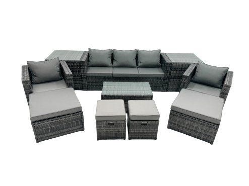 Fimous Outdoor Coffee Table Sofa Armchair Set with 2 Side Tables 2 Big Stools 2 Small Footstools Garden Furniture Set Dark Grey Mixed