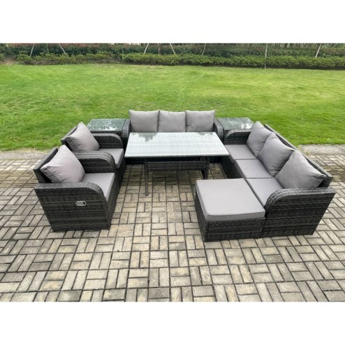 Fimous Outdoor Garden Patio Furniture Wicker Rattan Oblong Rectangular Dining Table and Lounge Sofa set with 2 Side Table Big Footstool Dark Grey Mixed
