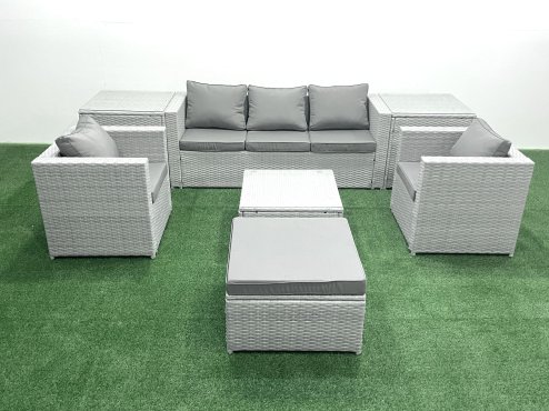 Fimous 6 Seater Rattan Garden Furniture Set with 3 Seater Sofa 2 Chair Square Coffee Table Big Footstool 2 Side Tables Light Grey Mixed