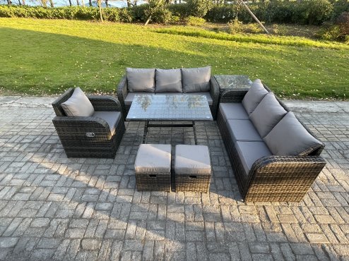 Fimous Outdoor Lounge Sofa Set Wicker PE Rattan Garden Furniture Set with Rectangular Dining Table Reclining Chair Side Table 2 Small Footstools Dark Grey Mixed