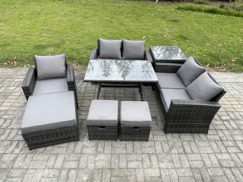 Fimous 8 Seater Garden Dining Set Wicker PE Rattan Outdoor Furniture Sofa with Rectangular Dining Table Double Seat Sofa Side Table 3 Footstools Dark Grey Mixed