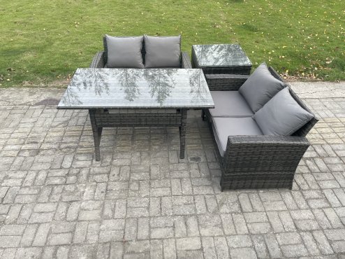 Fimous Dark Grey PE Wicker Rattan Garden Furniture Set Love Sofa Outdoor Rectangular Dining Table Side Table