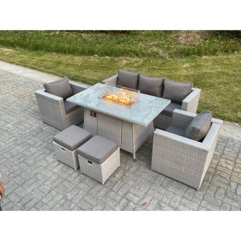 Fimous Light Grey Rattan Garden Furniture Set Gas Fire Pit Dining Table Set Heater Burner Chairs With 2 PC Stools