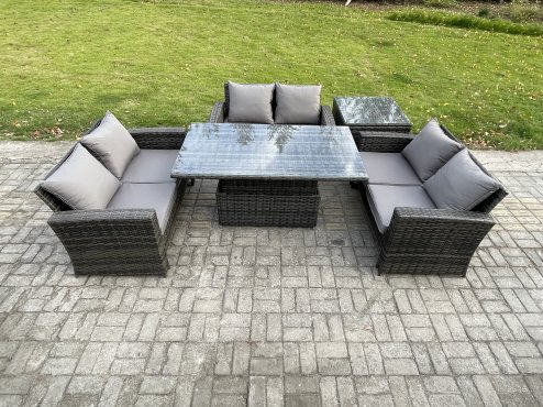 Fimous 6 Seater Rattan Wicker Garden Furniture Patio Conservatory Sofa Set with Height Adjustable Rising Lifting Table Double Seat Sofa Side Table