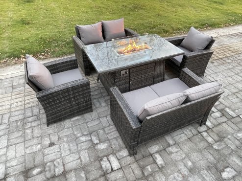 Fimous Wicker PE Rattan Garden Furniture Sets 6 Seater Patio Outdoor Gas Firepit Dining Table Heater Set with Double Seat Sofa Dark Grey Mixed