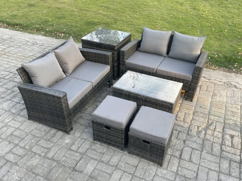 Fimous Wicker Rattan Garden Furniture Sofa Set with Rectangular Coffee Table Double Seat Sofa 2 Small Footstool Side Table 6 Seater Outdoor Rattan Set Dark Grey Mixed