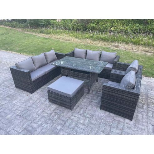 Fimous Outdoor Lounge Sofa Garden Furniture Set Patio Rattan Rectangular Dining Table with 2 Armchair Big Footstool 9 Seater Dark Grey Mixed