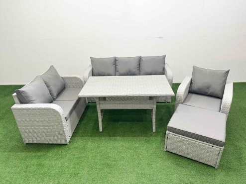 Fimous Patio PE Wicker 7 Seater Outdoor Rattan Furniture Sofa Sets with Rectangular Dining Table Reclining Chair Loveseat Sofa 3 Seater Sofa Big Footstool Light Grey