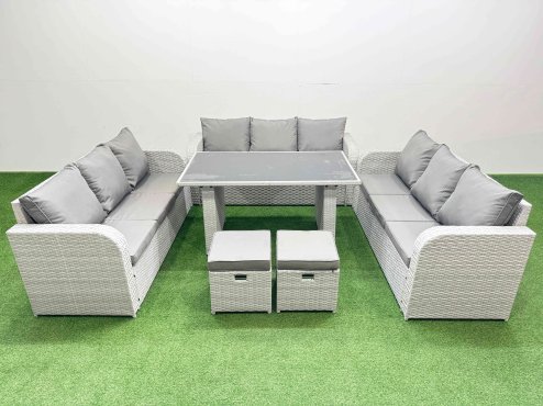 Fimous Patio Garden Furniture Sets with Black Glass Top Dining Table 3 Seater Sofa 2 Small Stool Light Grey