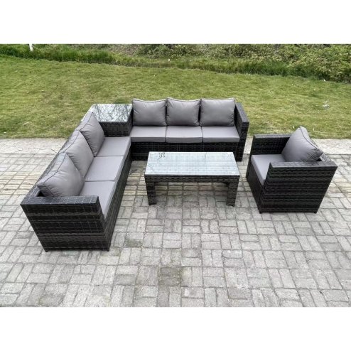 Fimous 7 Seater Rattan Corner Sofa Set With Square Side Table And Oblong Rectangular Coffee Tea Table Arm Chair Dark Grey Mixed