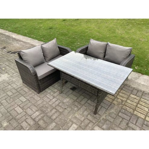 Fimous Dark Grey PE Wicker Rattan Garden Furniture Set Love Sofa 2 Seater Sofa Set Outdoor Rectangular Dining Table 4 Seater