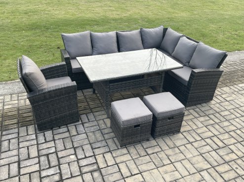 Fimous 9 Seater Garden Rattan Furniture Corner Sofa Dining Table Set with 2 Small Footstools Armchair Indoor Outdoor Lounge Sofa Set