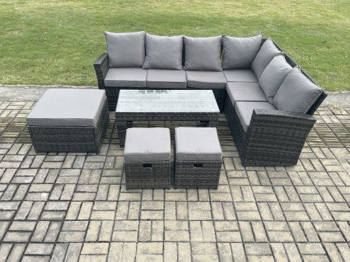 Fimous Rattan Corner Sofa Garden Furniture Set with 3 Footstools Rectangular Coffee Table with Cushion Dark Grey Mixed