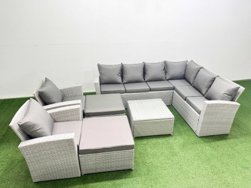 Fimous Rattan Garden Outdoor Furniture Set 10 Seater Rattan Garden Sofa Set with 2 Armchairs 2 Big Footstools Light Grey Mixed