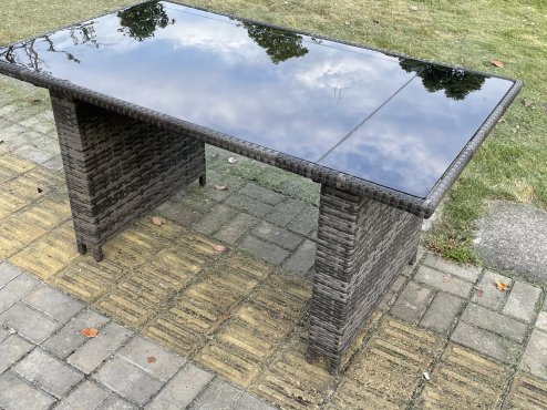 Fimous Wicker PE Outdoor Rattan Garden Furniture Arm Chair And Table Dining Sets 6 Seater Rectangular Table Dark Grey Mixed