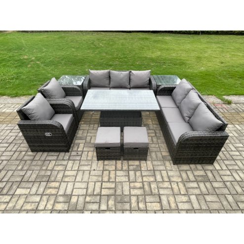 Fimous Rattan Outdoor Garden Furniture Sets Height Adjustable Rising lifting Dining Table Reclining Chair Sofa Set with 2 Side Tables 2 Small Footstools Dark Grey Mixed