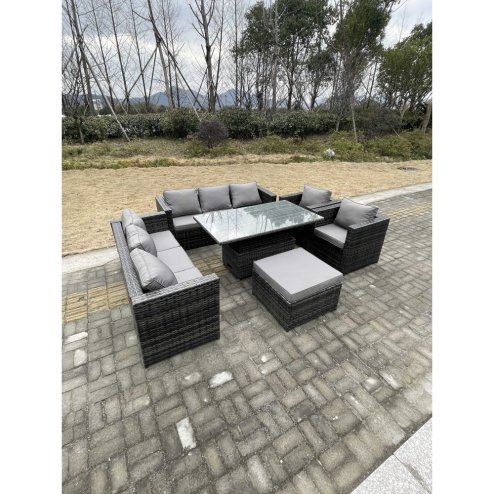 Fimous 9 Seater?Outdoor Rattan Garden Furniture Set Adjustable Rising Lifting Dining Table With Chairs Footstool Dark Grey Mixed