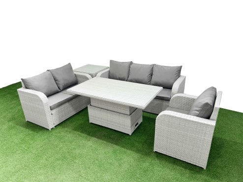 Fimous Patio PE Wicker 6 Seater Outdoor Rattan Furniture Sofa Sets with Adjustable Lifting Dining or Coffee Table Reclining Chair Loveseat Sofa 3 Seater Sofa Side Table Light Grey