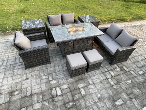 Fimous 7 Seater Rattan Outdoor Garden Furniture Gas Fire Pit Table Sets Gas Heater with Love Sofa Armchair 2 Small Footstools 2 Side Tables Dark Mixed Grey