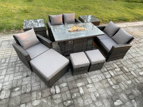 Fimous 8 Seater Rattan Outdoor Garden Furniture Gas Fire Pit Table Sets Gas Heater with Love Sofa Armchair 3 Footstools 2 Side Tables Dark Mixed Grey