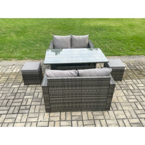 Fimous Patio Rattan Garden Furniture Set with Oblong Rectangular Dining Table 2 Small Footstools 6 Seater Outdoor Loveseat Sofa Set Dark Grey Mixed