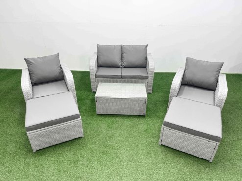 Fimous Light Grey PE Wicker Rattan Garden Furniture Set Sofa Set Reclining Adjustable Chair Rectangular Coffee Table 6 Seater 2 Big Stools