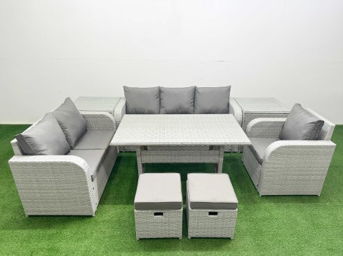 Fimous Patio PE Wicker 8 Seater Outdoor Rattan Furniture Sofa Sets with Rectangular Dining Table Reclining Chair Loveseat Sofa 3 Seater Sofa Stool 2 Side Table Light Grey