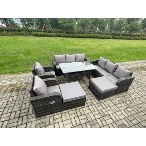 Fimous Patio Rattan Garden Furniture Set with Oblong Rectangular Dining Table 10 Seater Outdoor Lounge Sofa Set Dark Grey Mixed