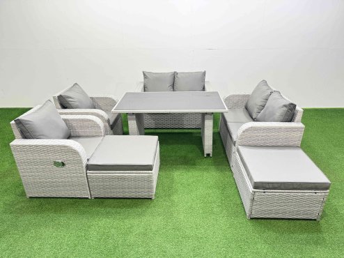 Fimous 7 Pieces Outdoor PE Rattan Sofa Reclining Chair Set Patio Garden Furniture Sets with Cushions 2 Big Stools Light Grey