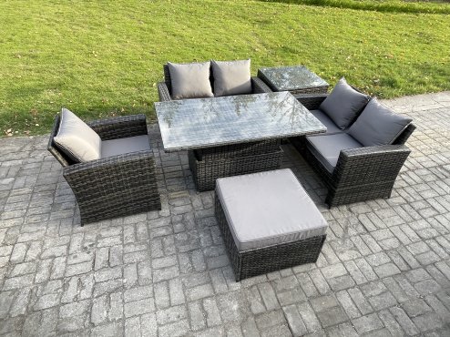 Fimous 6pcs Rattan Outdoor Garden Furniture Set Height Adjustable Rising Lifting Table Sofa Dining Set with Big Footstool Side Table Dark Grey Mixed