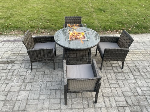 Fimous Outdoor Rattan Garden Furniture Set Gas Fire Pit Round Table Sets Gas Heater with 4 Seater Dining Cahirs Dark Grey Mixed