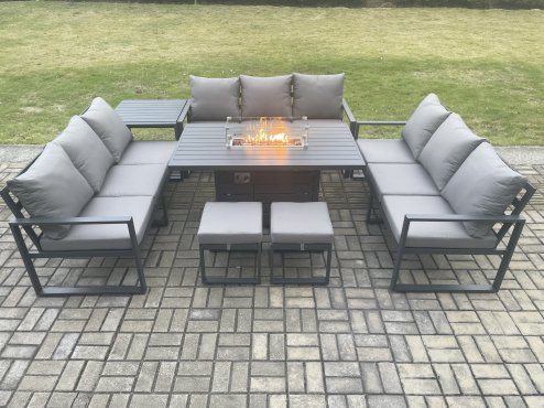 Fimous Aluminium 11 Seater Garden Furniture Outdoor Set Patio Lounge Sofa Gas Fire Pit Dining Table Set with 2 Small Footstools Side Table Dark Grey