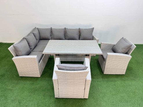 Fimous 8 Seater Rattan Garden Furniture Set Outdoor Patio Dining Corner Sofa Sets with Dining Table 2 Chairs Light Grey Mixed