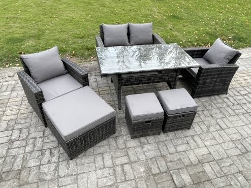 Fimous 7 Seater PE Wicker Outdoor Garden Furniture Set Patio Furniture Rattan Rectangular Dining Table Lounge Sofa with 3 Footstools