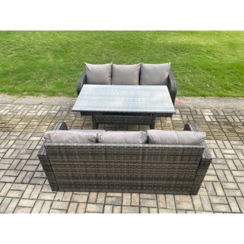 Fimous Patio Rattan Garden Furniture Set with Oblong Rectangular Dining Table 6 Seater Outdoor 3 Seater Sofa Set Dark Grey Mixed