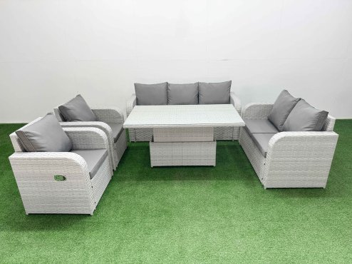 Fimous PE Rattan Garden Furniture Set Reclining Chair Sofa Double Love Seat 2 Seater Sofa Lounge Set Adjustable Lifting Dining or Coffee Table Light Grey