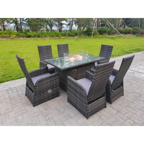 Fimous Rattan Garden Furniture Gas Fire Pit Rectangle Oblong Dining Table And Chairs 6 Seater Plus Rectangular Table