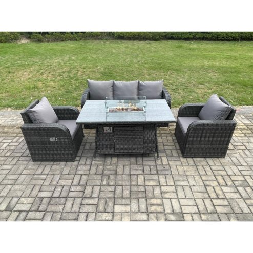 Fimous Garden Patio Furniture Wicker Rattan Gas Fire Pit Table and Chair set with 3 Seater Sofa Dark Grey Mixed