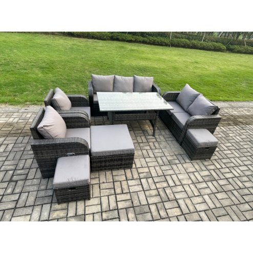 Fimous Dark Grey PE Wicker Rattan Garden Furniture Set Reclining Chair Love Sofa 2 Seater Sofa Set Outdoor Rectangular Dining Table 3 Footstools 10 Seater