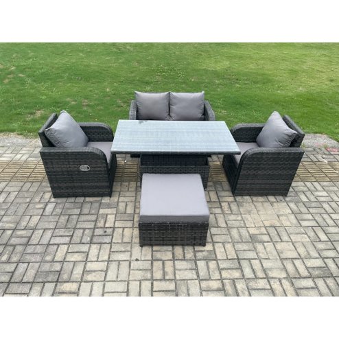 Fimous PE Rattan Outdoor Garden Furniture Set Height Adjustable Rising lifting Dining Table With Love Sofa Chair Big Footstool